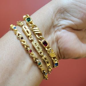 Costume Jewelry Gold Bracelet Trio w/colorful  Gems and Rhinestones.